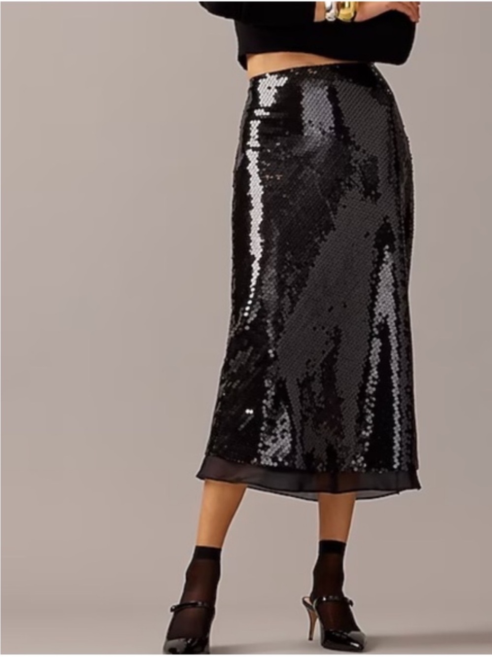 J. Crew Black Sequin Midi Skirt with Chiffon Hem